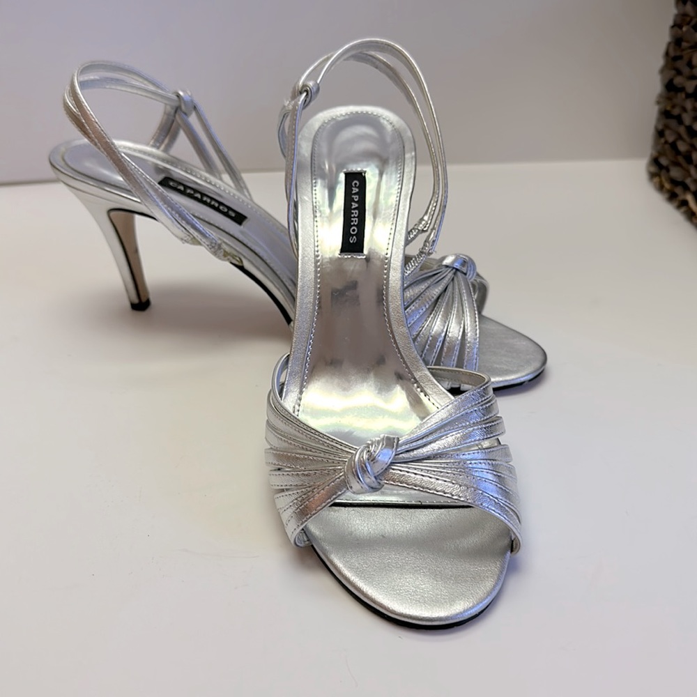 Caparros Silver Satin Knot Slingback Heels
